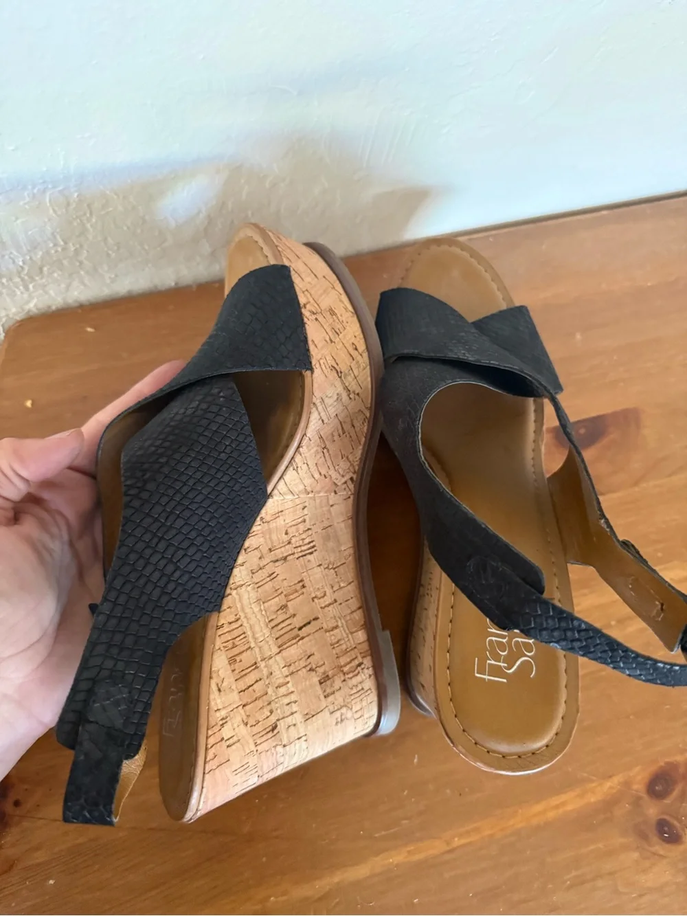 Franco Sarto Black Textured Crisscross Wedge Sandals